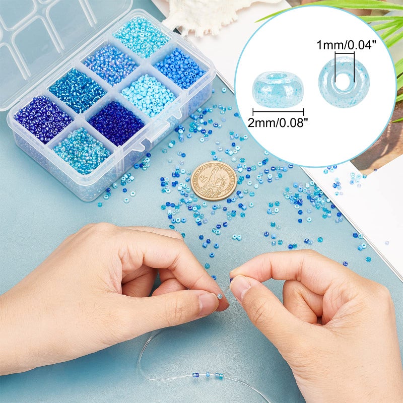 PH PandaHall 8000pcs 2mm Blue Seed Beads, Craft Glass Beads Pony Waist Bead 12/0 Mini Spacer Bead for Friendship Bracelet Making Summer Ocean Sea Seaside Beading Weaving - Image 2